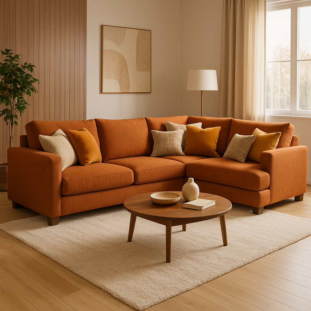 A spacious modern living room in Dubai featuring a large custom-made beige sofa, elegant interior décor, soft lighting, and a cozy atmosphere reflecting comfort and luxury