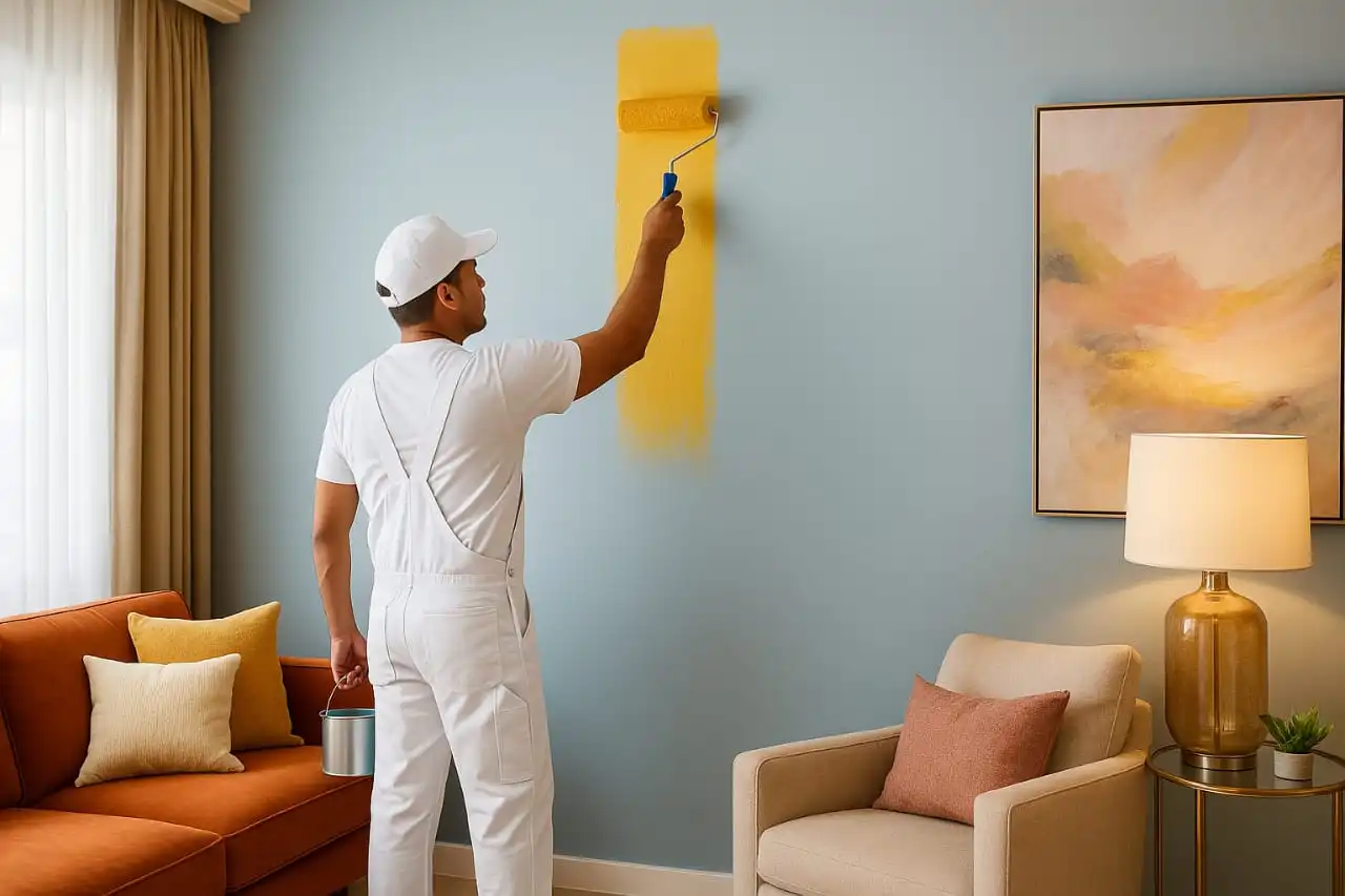 professional painter in Dubai paints a modern living room wall in bright yellow over pastel blue, surrounded by colorful décor with warm tones and natural light.