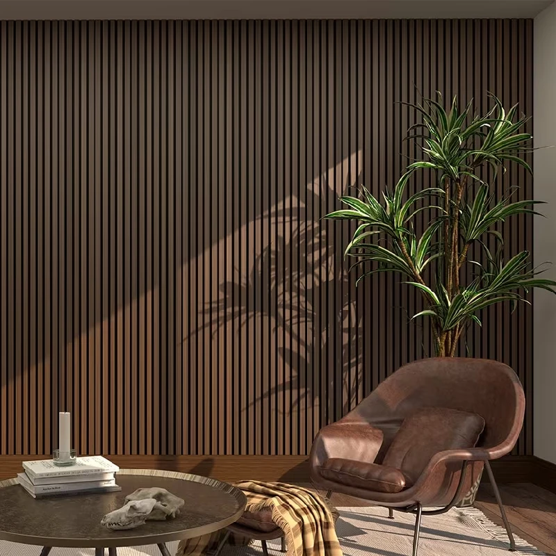 Dark brown slatted wood wall cladding.